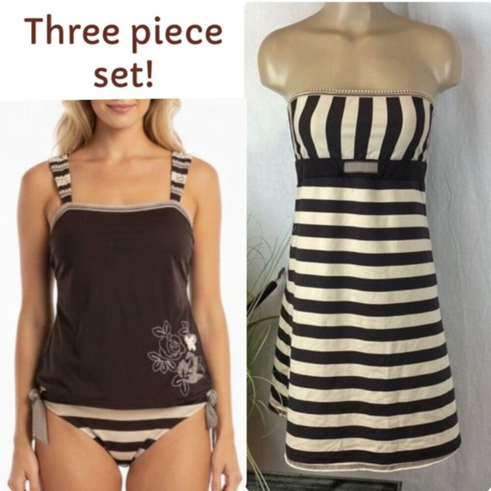 Becca Brown & Tan Striped Bikini & Dress Swim Bathing Suit 3 Piece SET M